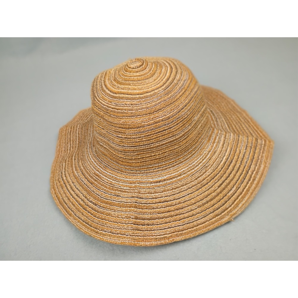 Sun Lily Women Brown Tan Striped Woven Straw Wide Brim Floppy Sun Hat